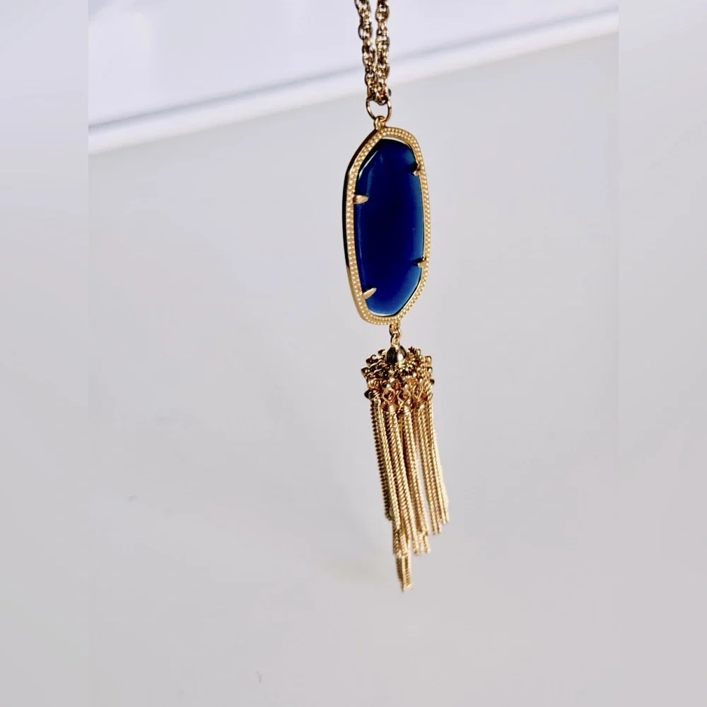 KENDRA SCOTT Rayne Long Gold Necklace w Deep Navy Blue Tassel Pendant